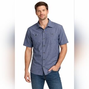 Merrell UPF 30+ Men’s Hiking Shirt Short Sleeve Blue Button Down Medium